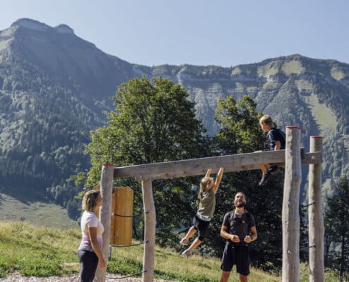 Ein Junge sitz auf dem Klettergerüst, ein Mädchen hangelt sich hinüber, im Hintergrund das Bergpanorama des Schmittenstein