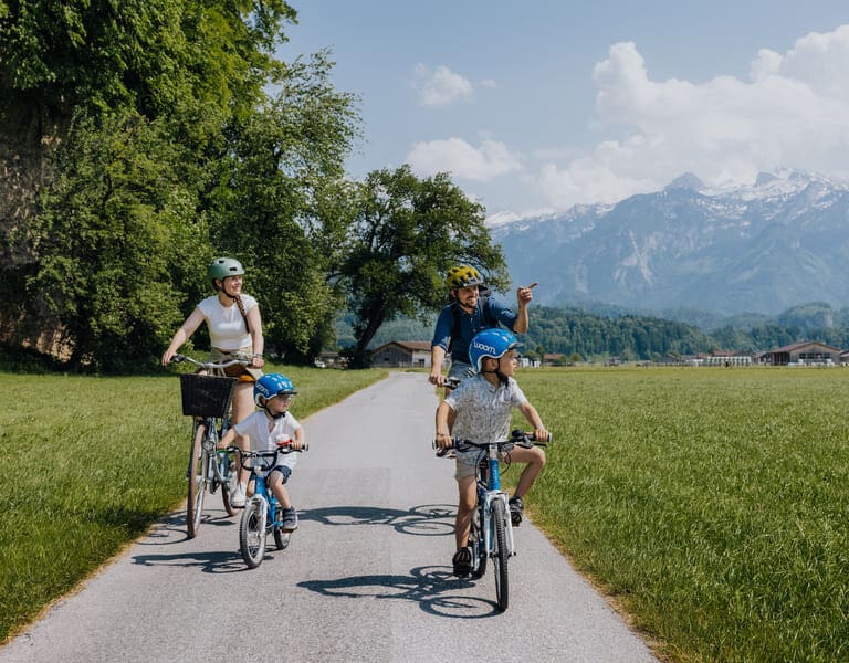 Eine Familie mit Mann, Frau und 2 Jungs fahren mit dem Fahrrad vor einer Bergkulisse. 